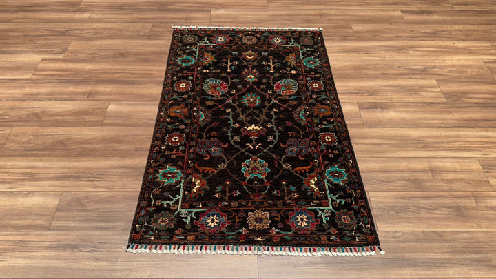 Sultani Floral Original Hand Woven Black Vegetable Dyed Wool Carpet 101x152 1.54 Square Meters - 3x5 ft