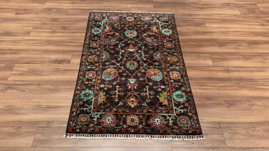 Sultani Çiçekli Orjinal El Dokuması Siyah Kök Boya Yün Halı 101x152 1.54 Metrekare - 3x5 ft