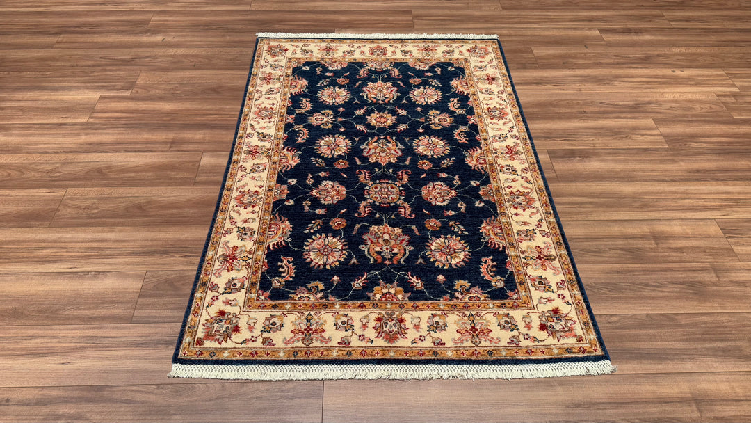 Uşak Original Hand Woven Navy Blue Cream Vegetable Dyed Wool Carpet 122x178 2.17 Square Meters - 4x6 ft