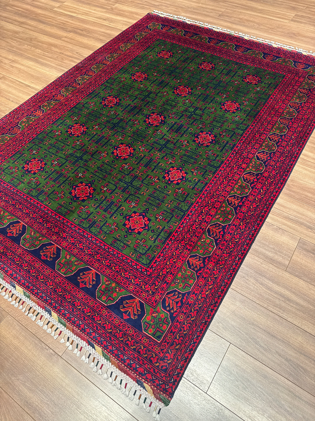 Afgan Halısı Yeşil Hamyap Orijinal El Dokuması Kök Boya Yün 169x236 3.99 Metrekare - 5x7 ft