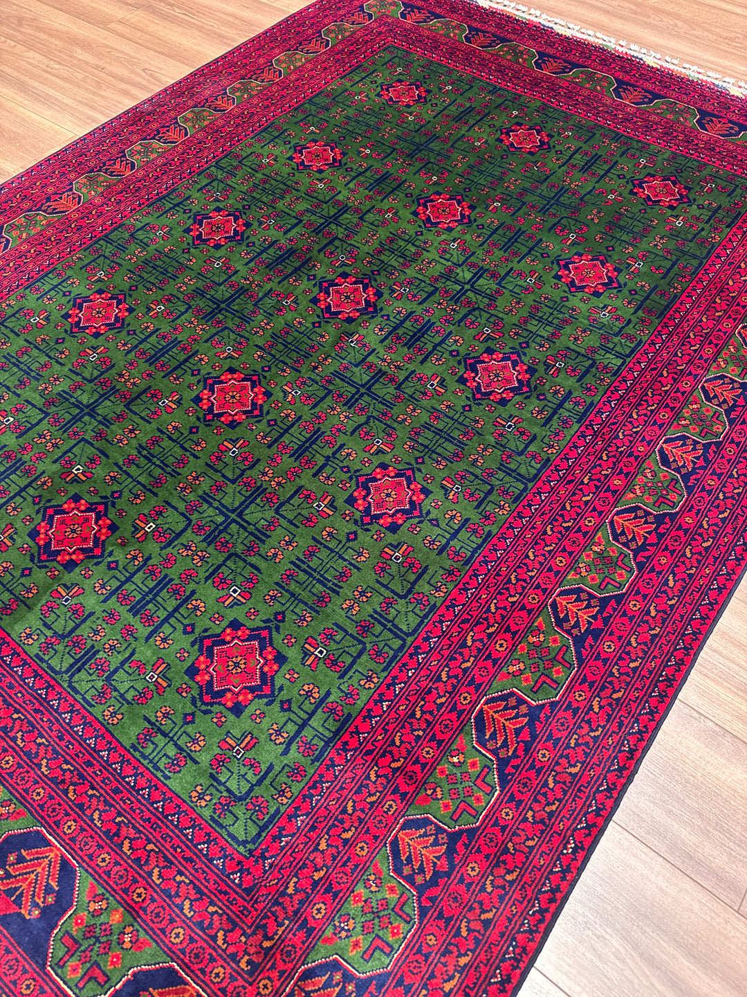 Afgan Halısı Yeşil Hamyap Orijinal El Dokuması Kök Boya Yün 169x236 3.99 Metrekare - 5x7 ft