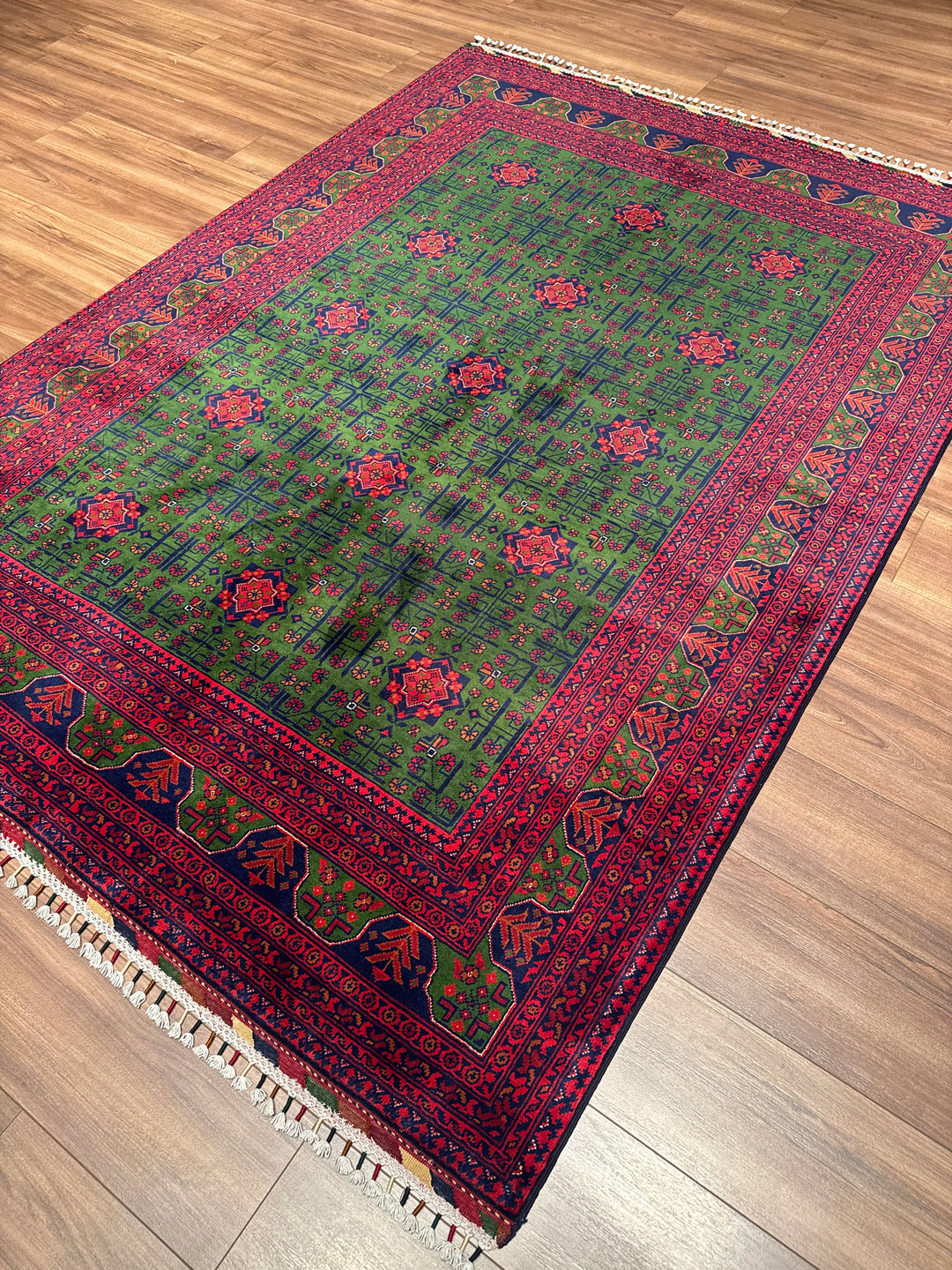 Afgan Halısı Yeşil Hamyap Orijinal El Dokuması Kök Boya Yün 169x236 3.99 Metrekare - 5x7 ft