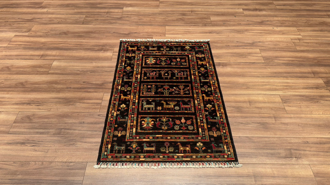 Khorjin Original Hand Woven Black Vegetable Dyed Wool Carpet 0.87x127 1.10 Square Meters - 2x4 ft