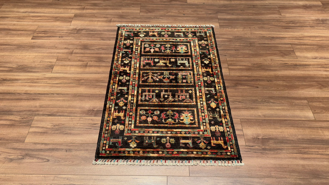 Khorjin Original Hand Woven Black Vegetable Dyed Wool Carpet 0.87x127 1.10 Square Meters - 2x4 ft