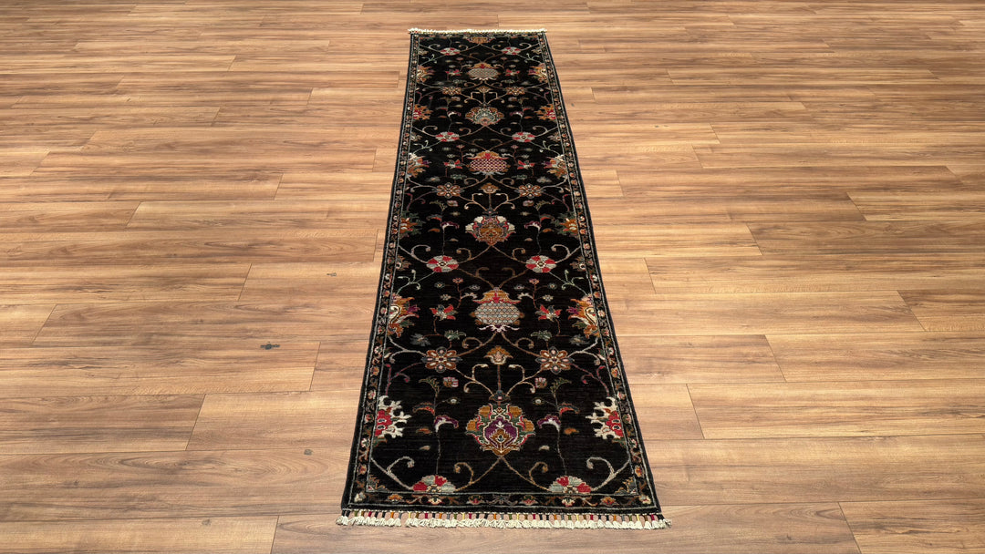 Sultani Floral Runner Original Hand Woven Black Vegetable Dyed Wool Carpet 0.77x299 2.30 Square Meters - 2x10 ft