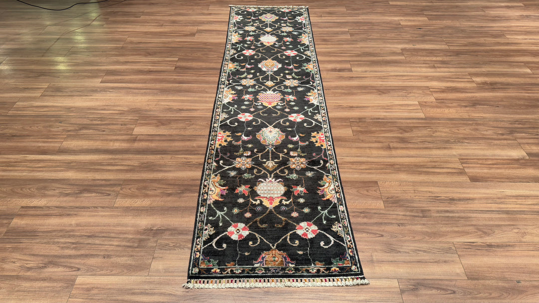 Sultani Floral Runner Original Hand Woven Black Vegetable Dyed Wool Carpet 0.77x299 2.30 Square Meters - 2x10 ft