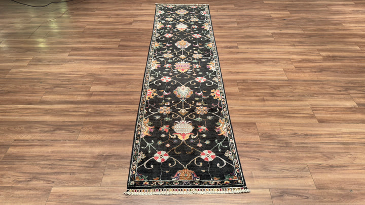 Sultani Floral Runner Original Hand Woven Black Vegetable Dyed Wool Carpet 0.77x299 2.30 Square Meters - 2x10 ft