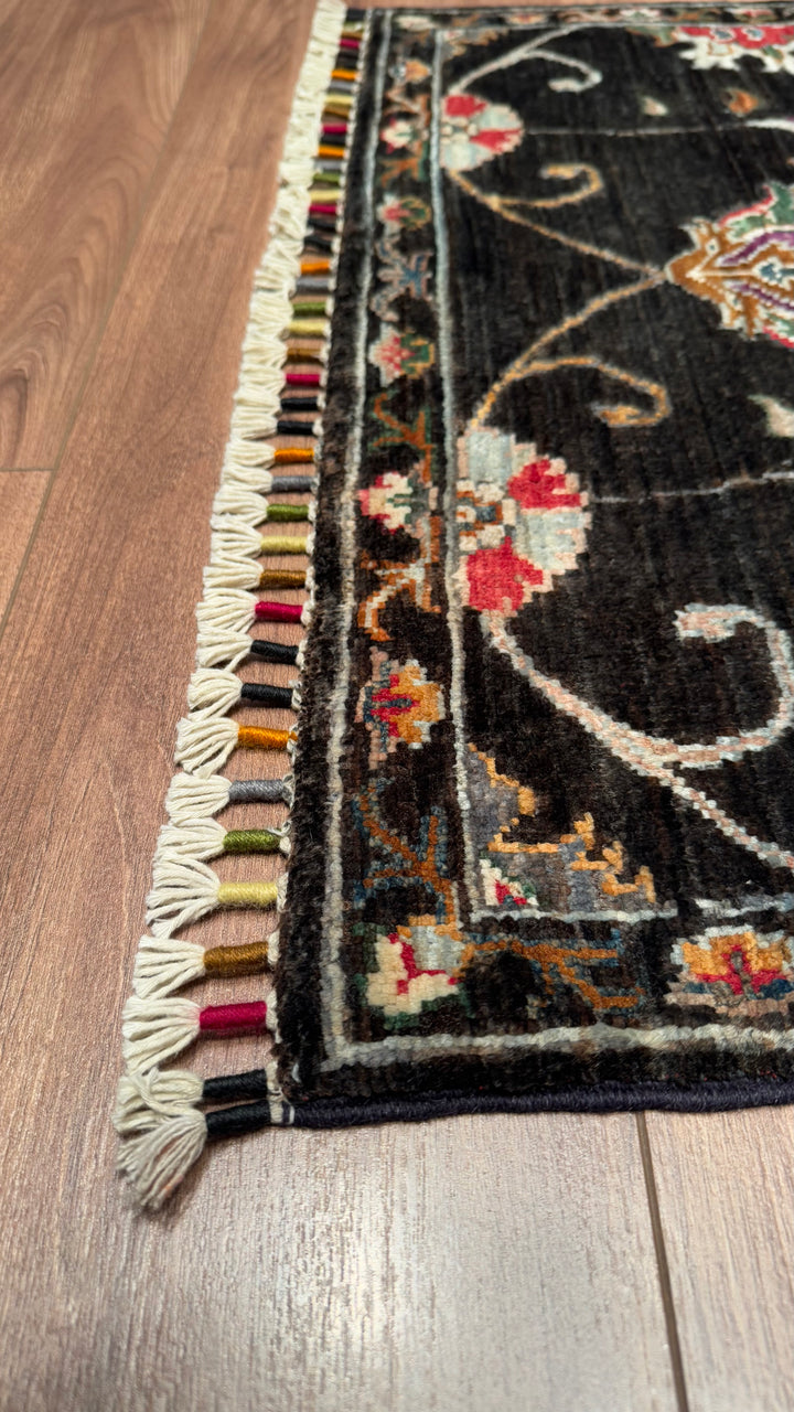 Sultani Floral Runner Original Hand Woven Black Vegetable Dyed Wool Carpet 0.77x299 2.30 Square Meters - 2x10 ft