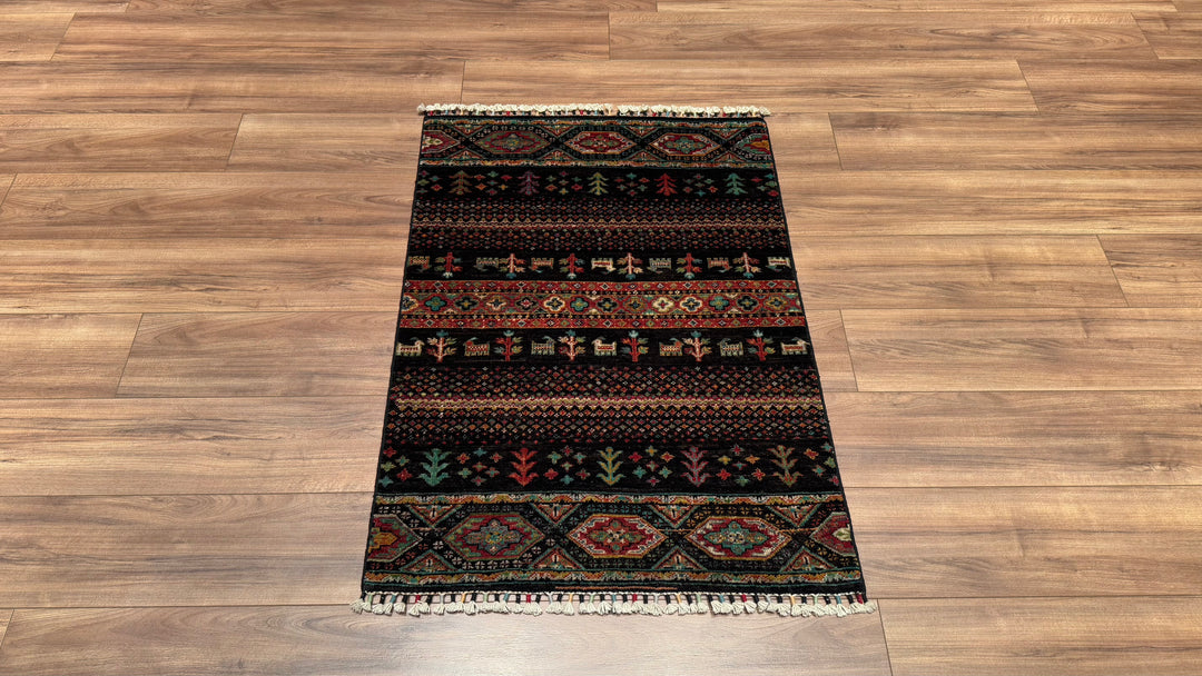 Khorjin Original Hand Woven Black Vegetable Dyed Wool Carpet 0.81x114 0.92 Square Meters - 2x4 ft