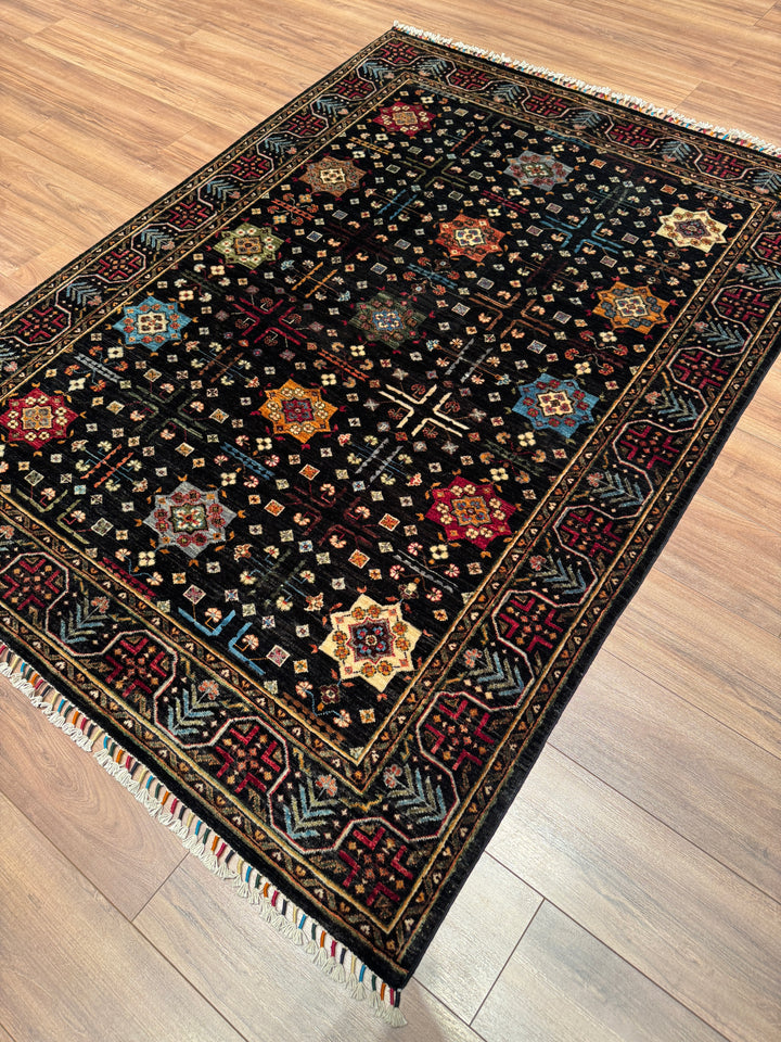 Veziri Bilcik Orijinal El Dokuması Siyah Kök Boya Yün Halı 154x210 3.23 Metrekare - 5x7 ft