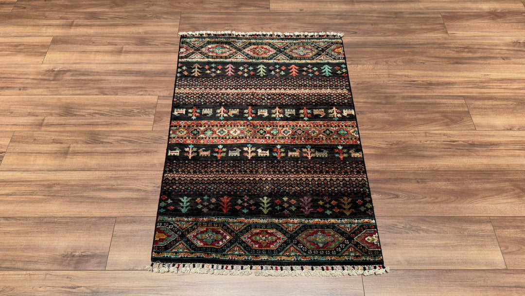 Khorjin Original Hand Woven Black Vegetable Dyed Wool Carpet 0.81x114 0.92 Square Meters - 2x4 ft