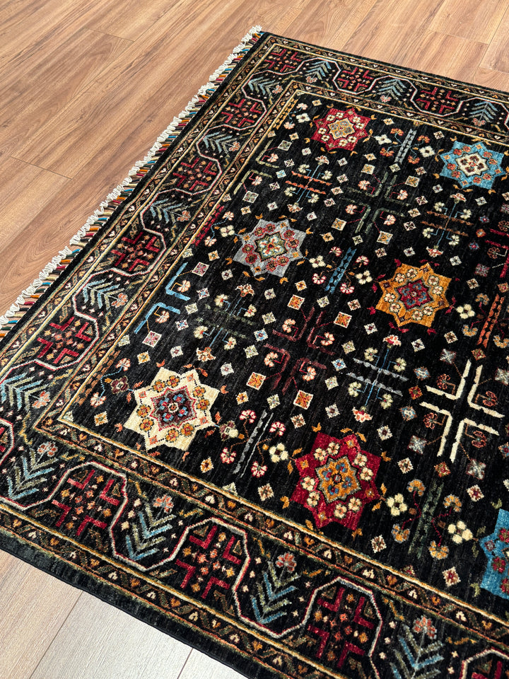 Veziri Bilcik Orijinal El Dokuması Siyah Kök Boya Yün Halı 154x210 3.23 Metrekare - 5x7 ft