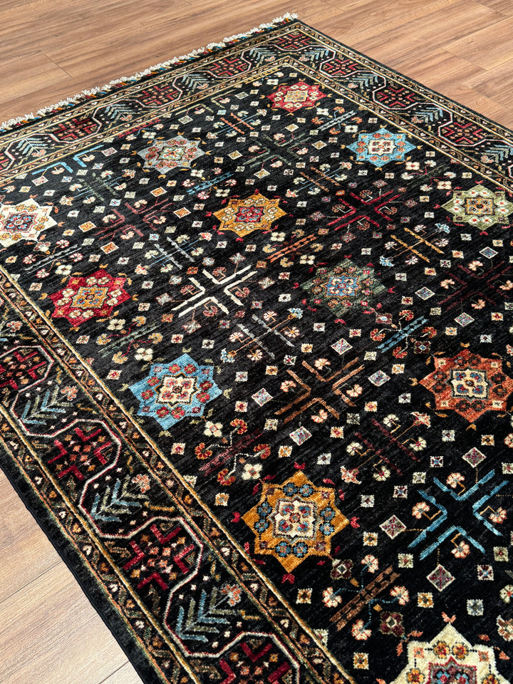 Veziri Bilcik Orijinal El Dokuması Siyah Kök Boya Yün Halı 154x210 3.23 Metrekare - 5x7 ft