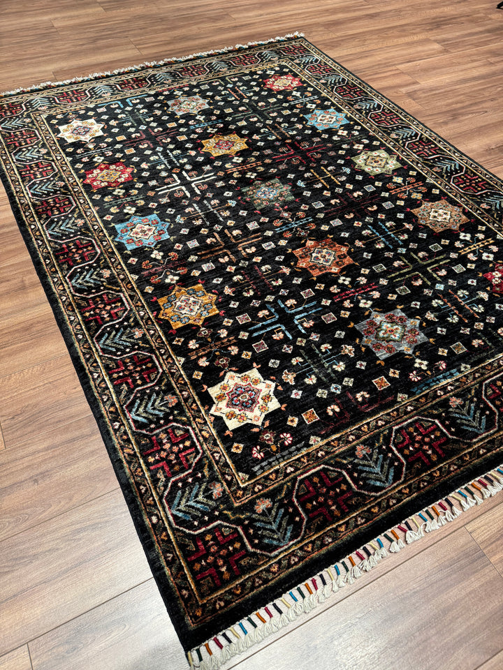 Veziri Bilcik Orijinal El Dokuması Siyah Kök Boya Yün Halı 154x210 3.23 Metrekare - 5x7 ft