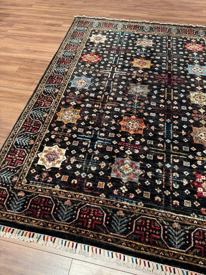 Veziri Bilcik Orijinal El Dokuması Siyah Kök Boya Yün Halı 154x210 3.23 Metrekare - 5x7 ft