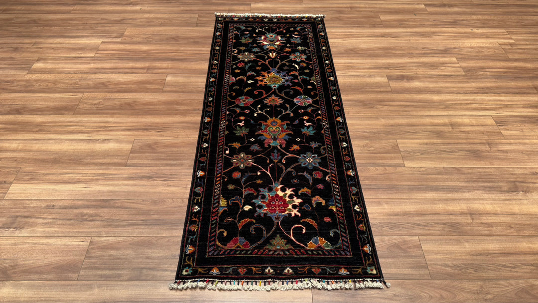 Sultani Floral Runner Original Hand Woven Black Vegetable Dyed Wool Carpet 0.81x207 1.68 Square Meters - 2x7 ft