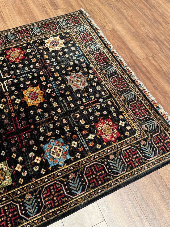 Veziri Bilcik Orijinal El Dokuması Siyah Kök Boya Yün Halı 154x210 3.23 Metrekare - 5x7 ft