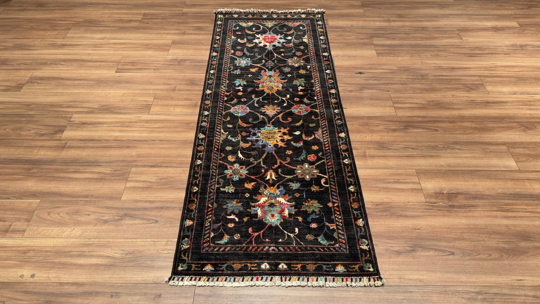 Sultani Floral Runner Original Hand Woven Black Vegetable Dyed Wool Carpet 0.81x207 1.68 Square Meters - 2x7 ft