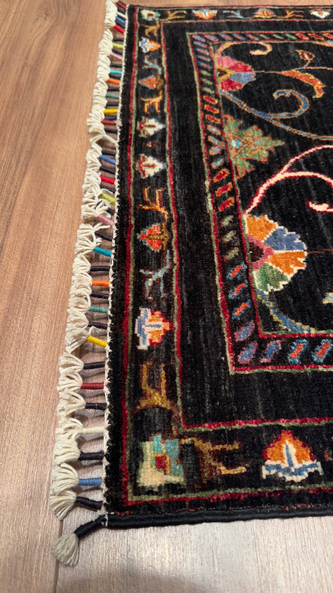 Sultani Floral Runner Original Hand Woven Black Vegetable Dyed Wool Carpet 0.81x207 1.68 Square Meters - 2x7 ft