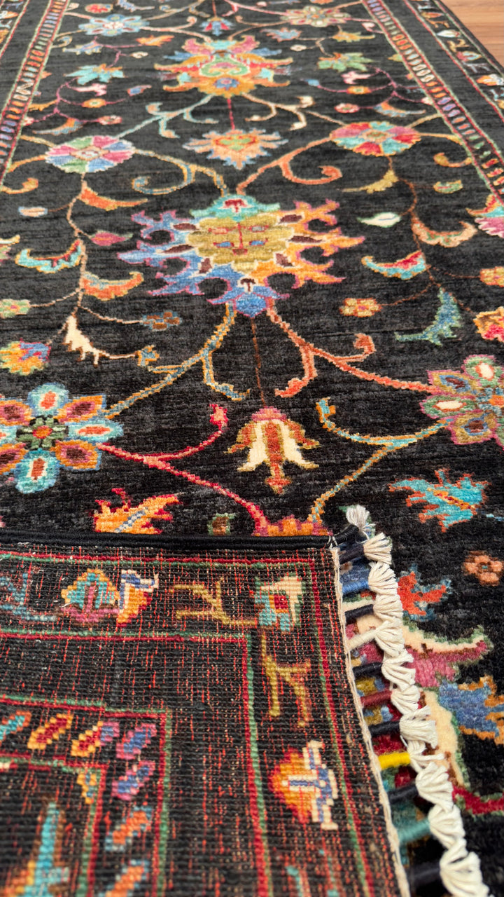 Sultani Floral Runner Original Hand Woven Black Vegetable Dyed Wool Carpet 0.81x207 1.68 Square Meters - 2x7 ft