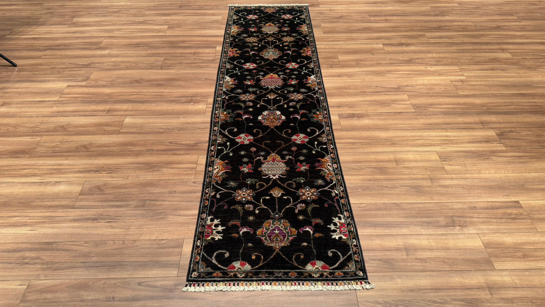 Sultani Floral Runner Original Hand Woven Black Vegetable Dyed Wool Carpet 0.76x295 2.24 Square Meters - 2x10 ft