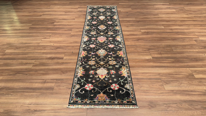 Sultani Floral Runner Original Hand Woven Black Vegetable Dyed Wool Carpet 0.76x295 2.24 Square Meters - 2x10 ft