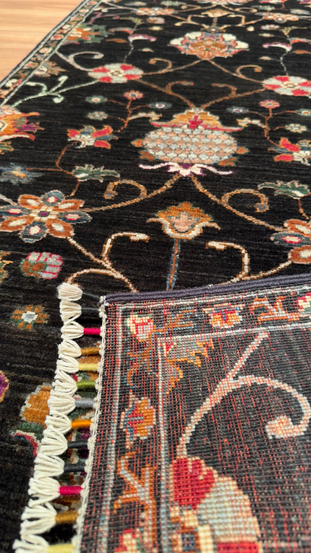 Sultani Floral Runner Original Hand Woven Black Vegetable Dyed Wool Carpet 0.76x295 2.24 Square Meters - 2x10 ft