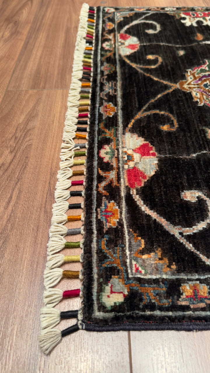 Sultani Floral Runner Original Hand Woven Black Vegetable Dyed Wool Carpet 0.76x295 2.24 Square Meters - 2x10 ft