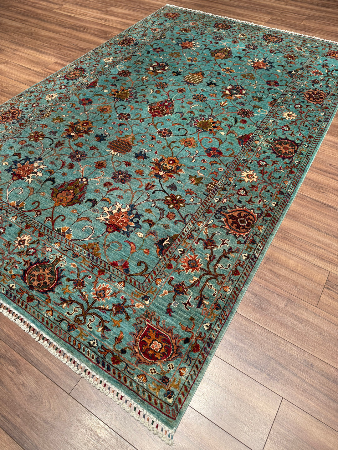 Sultani Binbirgece Orijinal El Dokuması Turkuaz Kök Boya Yün Halı 199x306 6.09 Metrekare - 7x10 ft