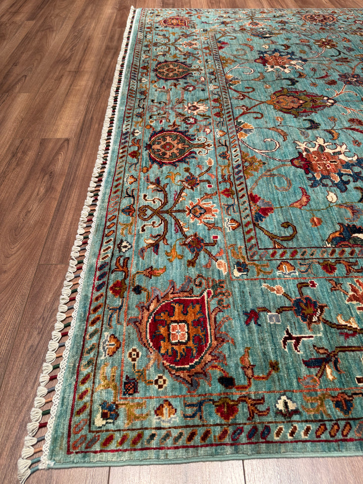 Sultani Binbirgece Orijinal El Dokuması Turkuaz Kök Boya Yün Halı 199x306 6.09 Metrekare - 7x10 ft