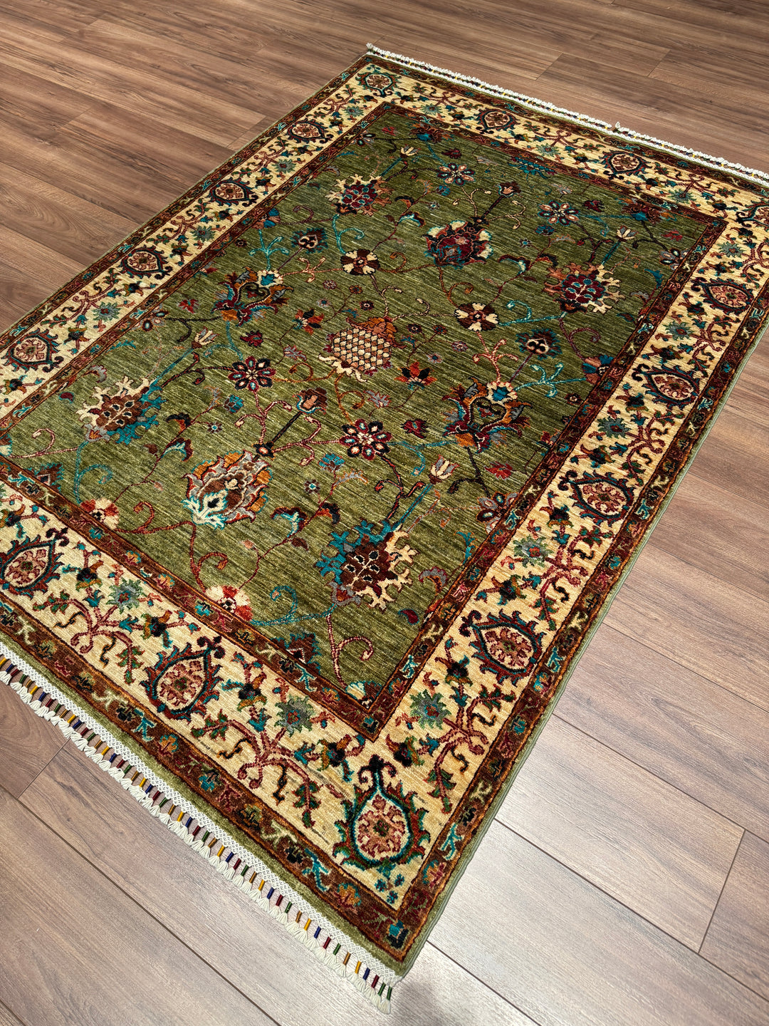 Sultani Binbirgece Orijinal El Dokuması Yeşil Kök Boya Yün Halı 148x199 2.95 Metrekare - 5x6 ft