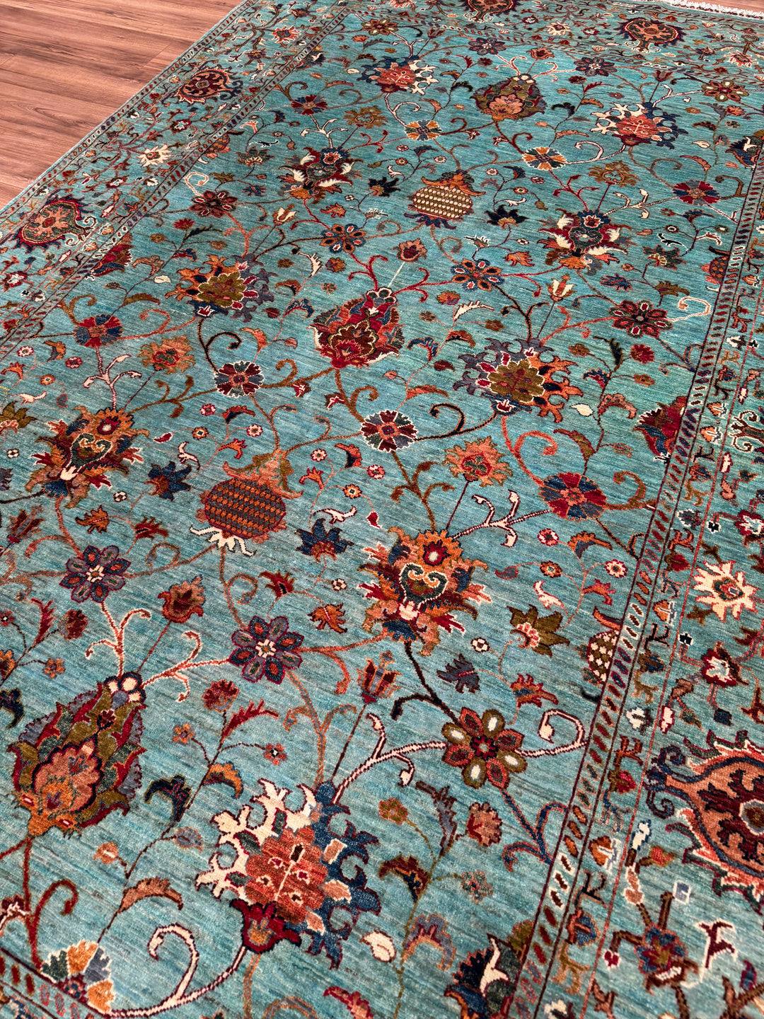 Sultani Binbirgece Orijinal El Dokuması Turkuaz Kök Boya Yün Halı 199x306 6.09 Metrekare - 7x10 ft