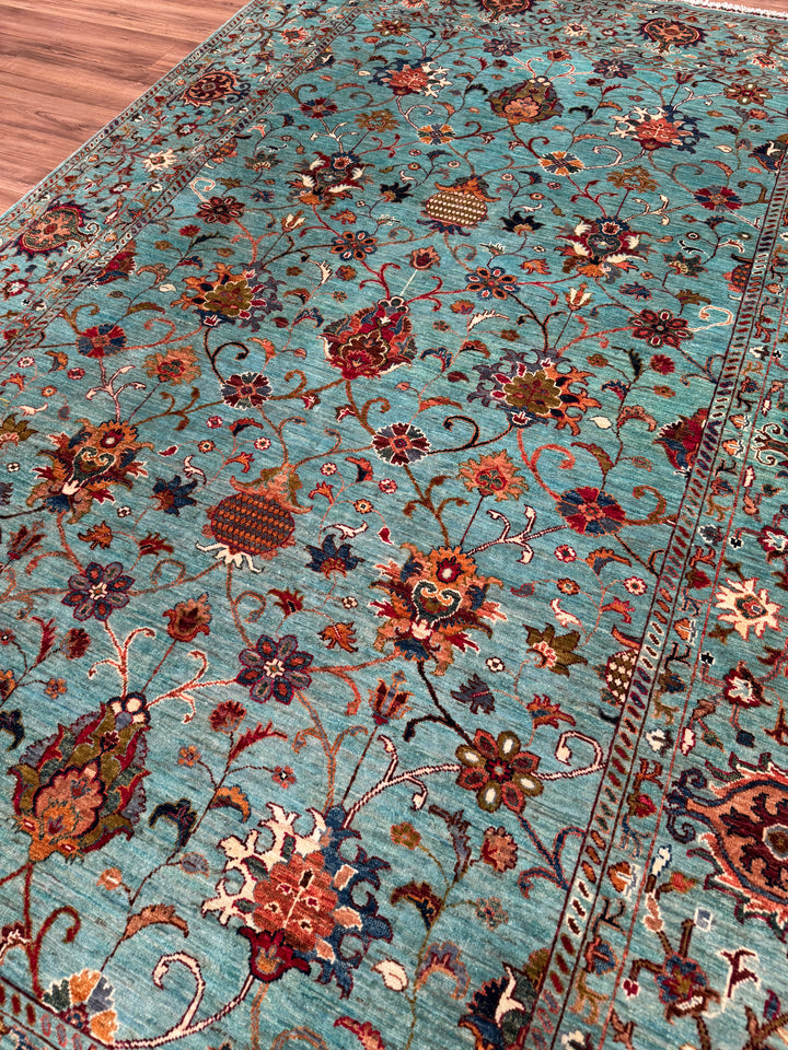 Sultani Binbirgece Orijinal El Dokuması Turkuaz Kök Boya Yün Halı 199x306 6.09 Metrekare - 7x10 ft