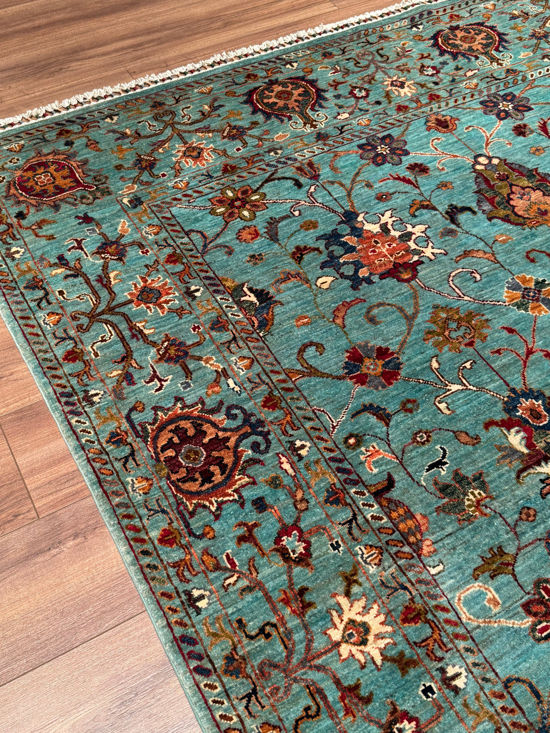 Sultani Binbirgece Orijinal El Dokuması Turkuaz Kök Boya Yün Halı 199x306 6.09 Metrekare - 7x10 ft