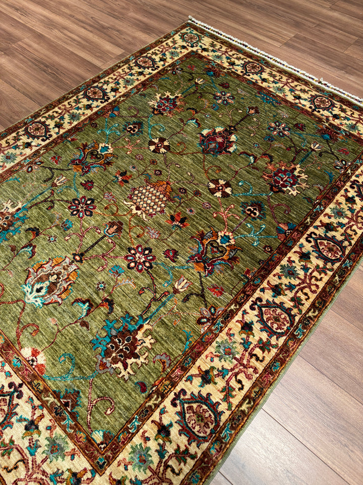 Sultani Binbirgece Orijinal El Dokuması Yeşil Kök Boya Yün Halı 148x199 2.95 Metrekare - 5x6 ft
