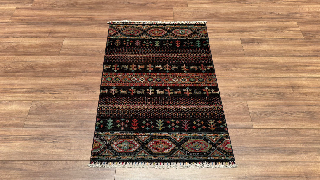 Khorjin Original Hand Woven Black Vegetable Dyed Wool Carpet 0.79x114 0.90 Square Meters - 2x4 ft