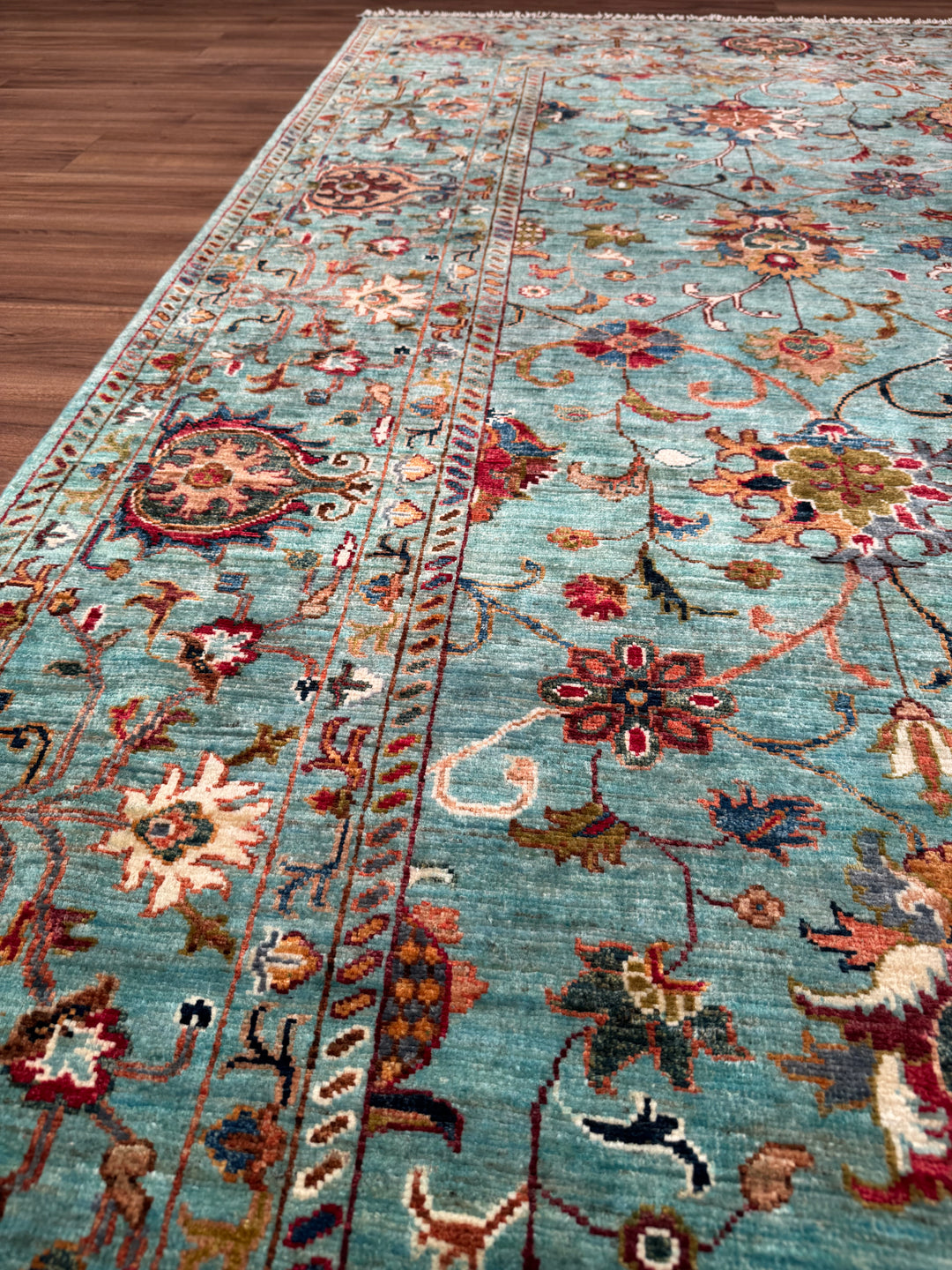 Sultani Binbirgece Orijinal El Dokuması Turkuaz Kök Boya Yün Halı 199x306 6.09 Metrekare - 7x10 ft