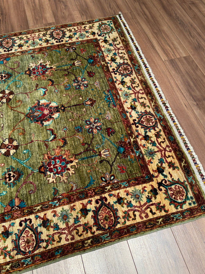 Sultani Binbirgece Orijinal El Dokuması Yeşil Kök Boya Yün Halı 148x199 2.95 Metrekare - 5x6 ft