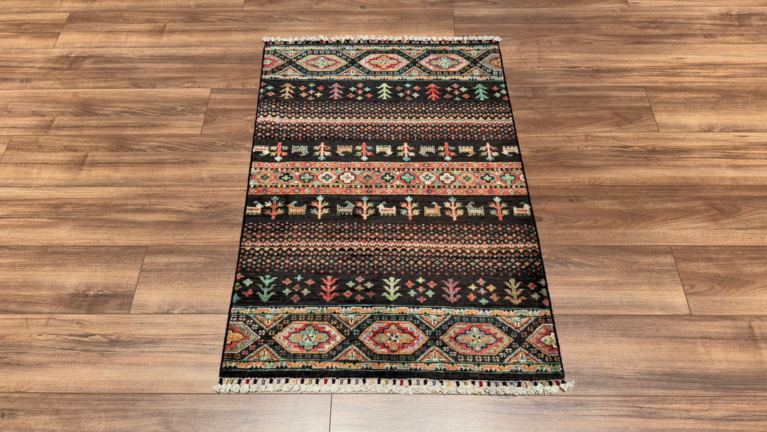 Khorjin Original Hand Woven Black Vegetable Dyed Wool Carpet 0.79x114 0.90 Square Meters - 2x4 ft