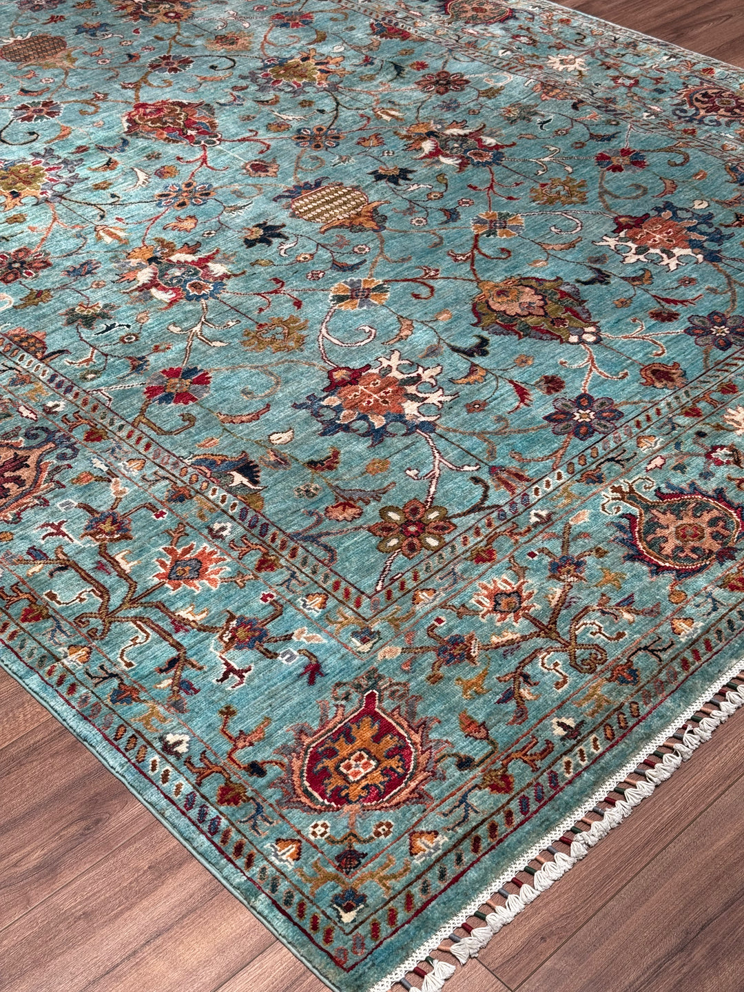 Sultani Binbirgece Orijinal El Dokuması Turkuaz Kök Boya Yün Halı 199x306 6.09 Metrekare - 7x10 ft