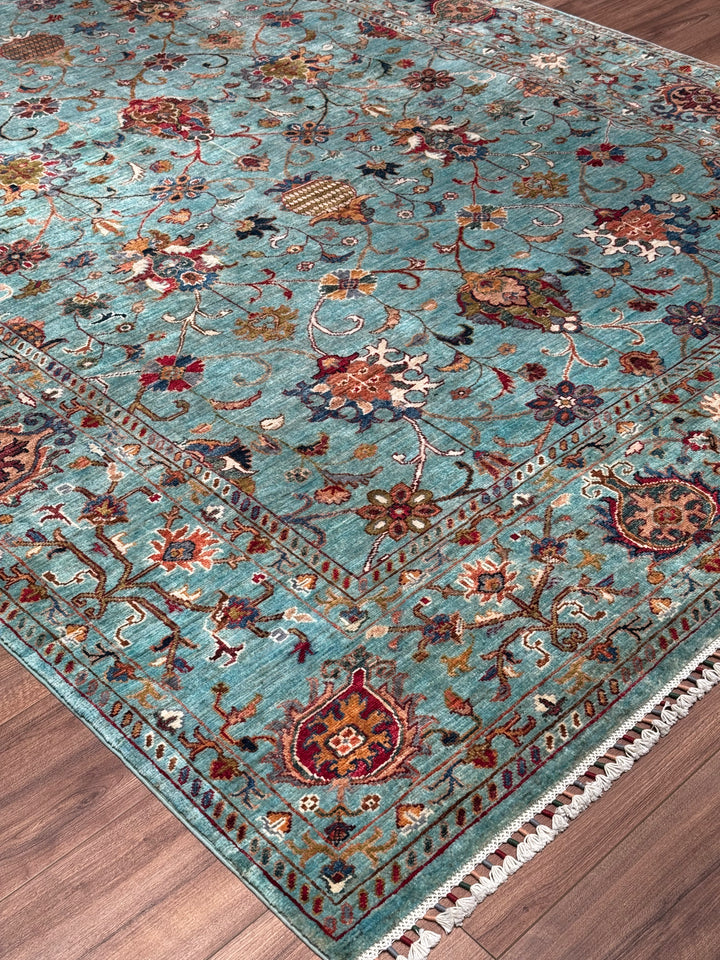 Sultani Binbirgece Orijinal El Dokuması Turkuaz Kök Boya Yün Halı 199x306 6.09 Metrekare - 7x10 ft