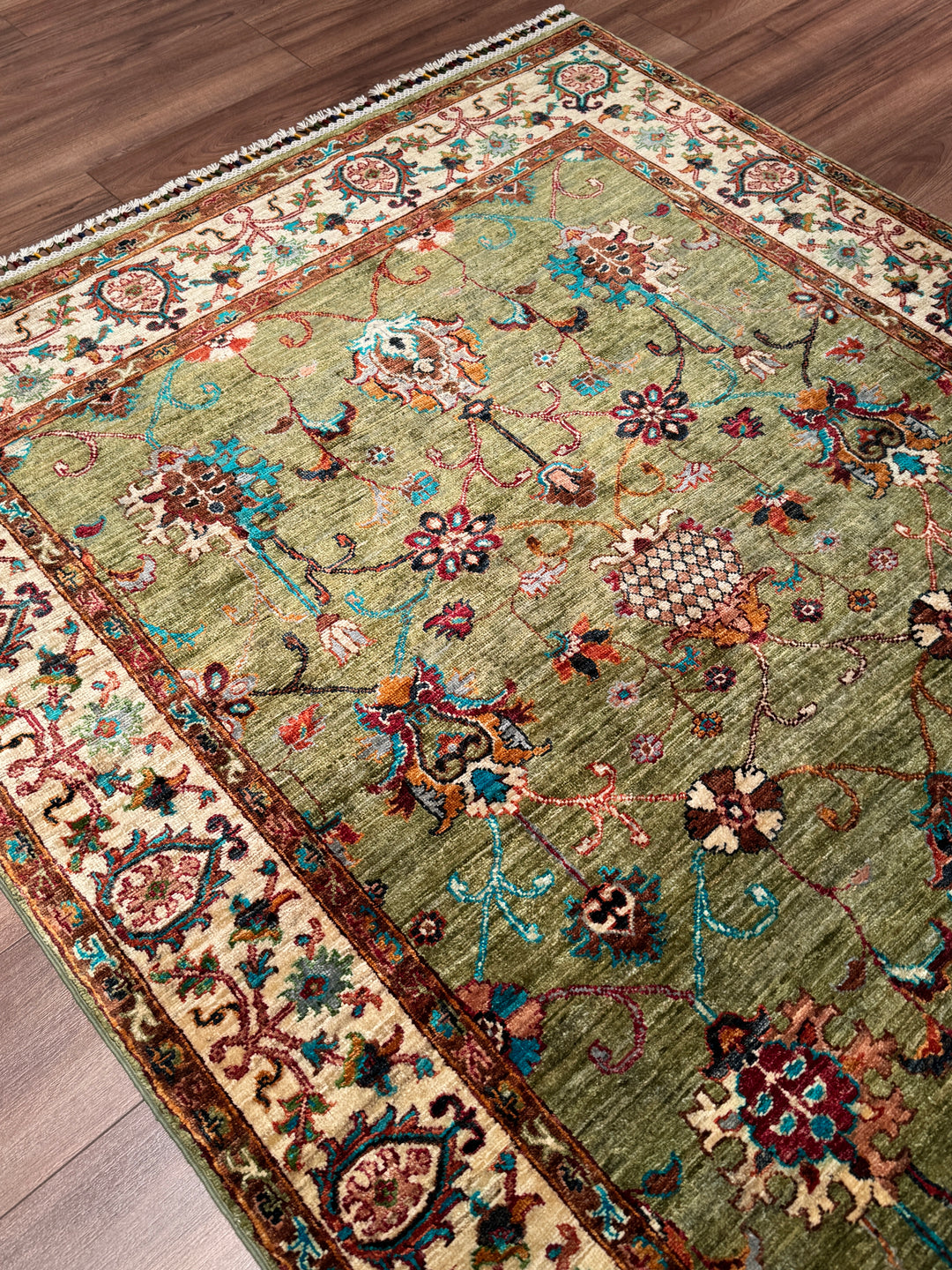 Sultani Binbirgece Orijinal El Dokuması Yeşil Kök Boya Yün Halı 148x199 2.95 Metrekare - 5x6 ft