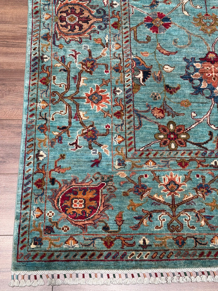 Sultani Binbirgece Orijinal El Dokuması Turkuaz Kök Boya Yün Halı 199x306 6.09 Metrekare - 7x10 ft