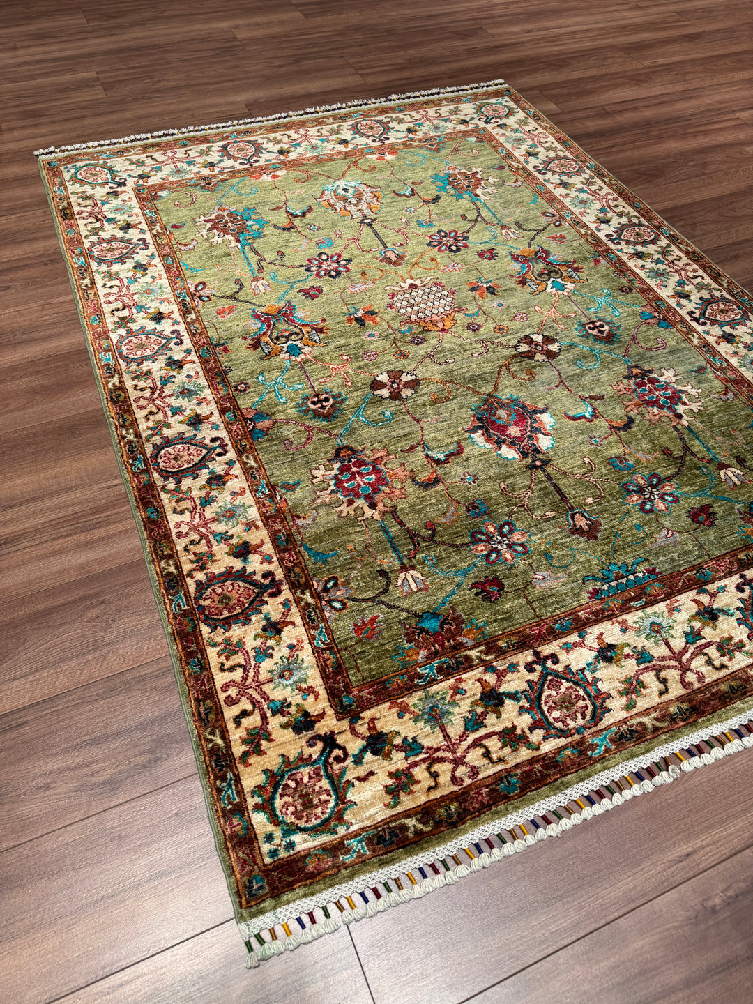 Sultani Binbirgece Orijinal El Dokuması Yeşil Kök Boya Yün Halı 148x199 2.95 Metrekare - 5x6 ft
