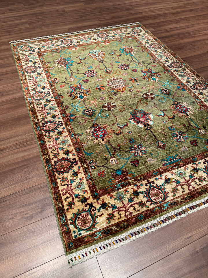 Sultani Binbirgece Orijinal El Dokuması Yeşil Kök Boya Yün Halı 148x199 2.95 Metrekare - 5x6 ft
