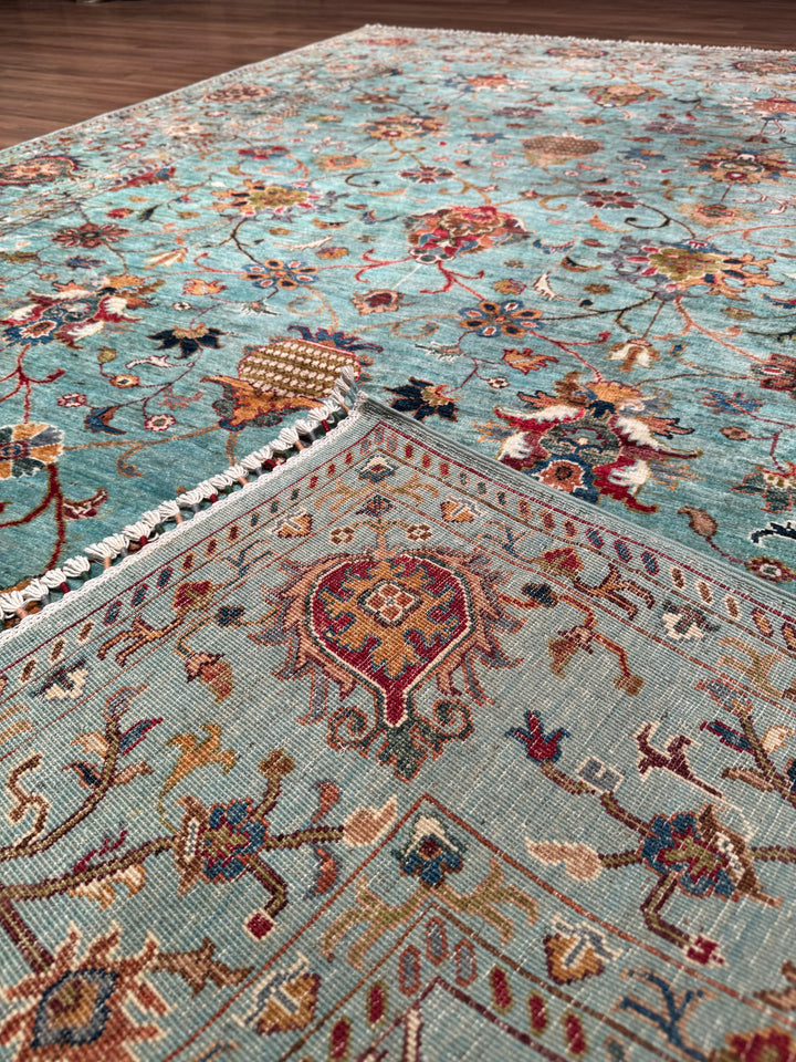 Sultani Binbirgece Orijinal El Dokuması Turkuaz Kök Boya Yün Halı 199x306 6.09 Metrekare - 7x10 ft