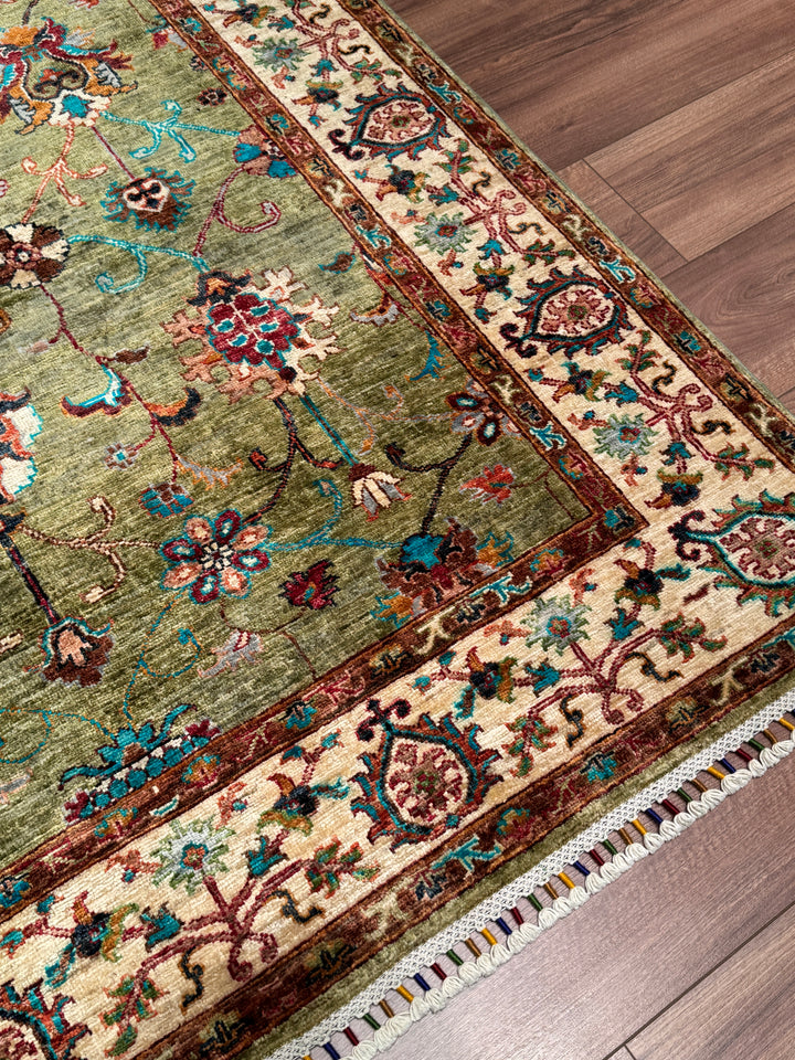 Sultani Binbirgece Orijinal El Dokuması Yeşil Kök Boya Yün Halı 148x199 2.95 Metrekare - 5x6 ft