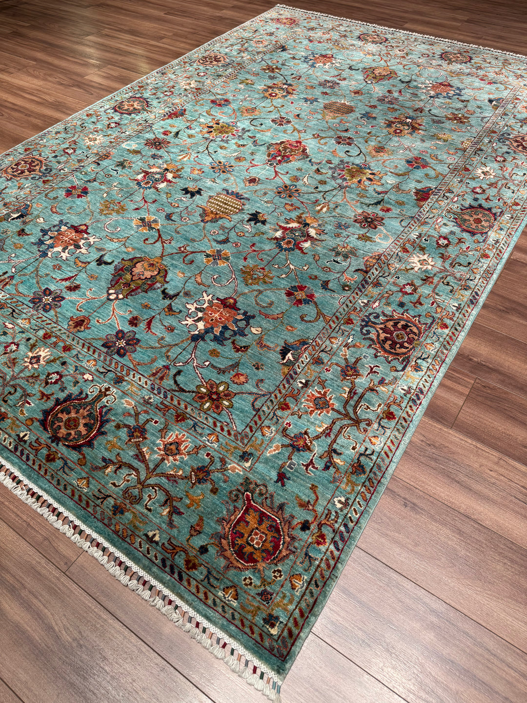 Sultani Binbirgece Orijinal El Dokuması Turkuaz Kök Boya Yün Halı 199x306 6.09 Metrekare - 7x10 ft