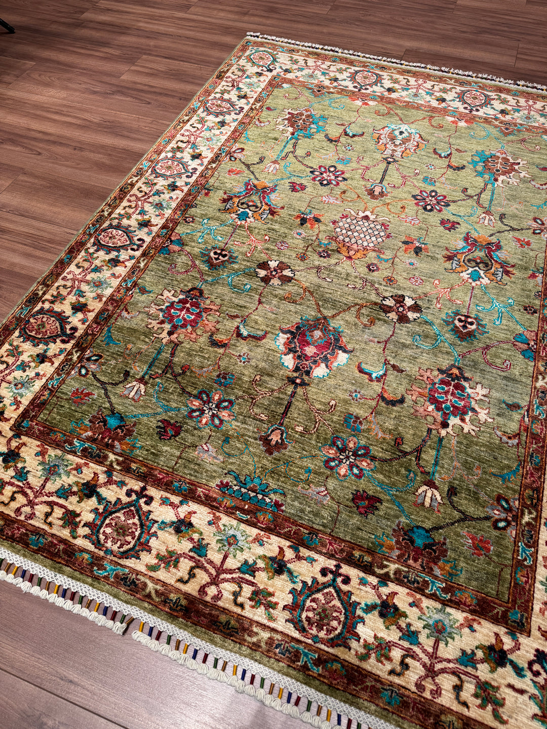 Sultani Binbirgece Orijinal El Dokuması Yeşil Kök Boya Yün Halı 148x199 2.95 Metrekare - 5x6 ft