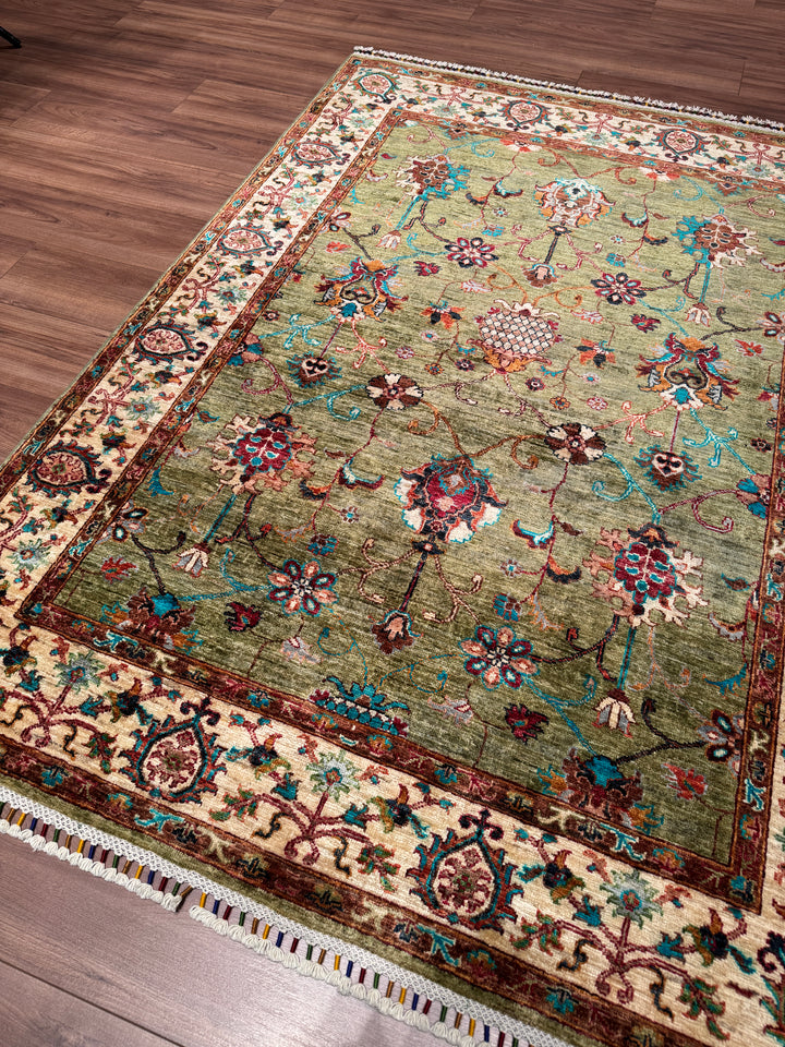 Sultani Binbirgece Orijinal El Dokuması Yeşil Kök Boya Yün Halı 148x199 2.95 Metrekare - 5x6 ft
